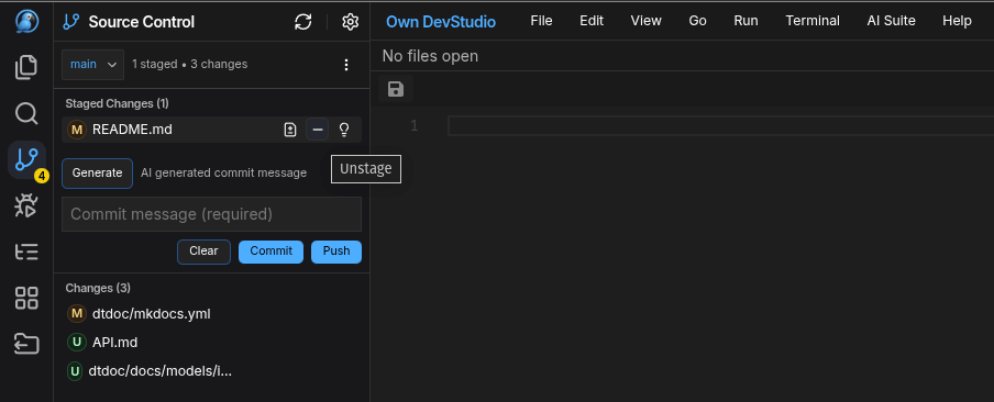 Staged vs changes, buttons for commit/push/unstage/discard Common operations