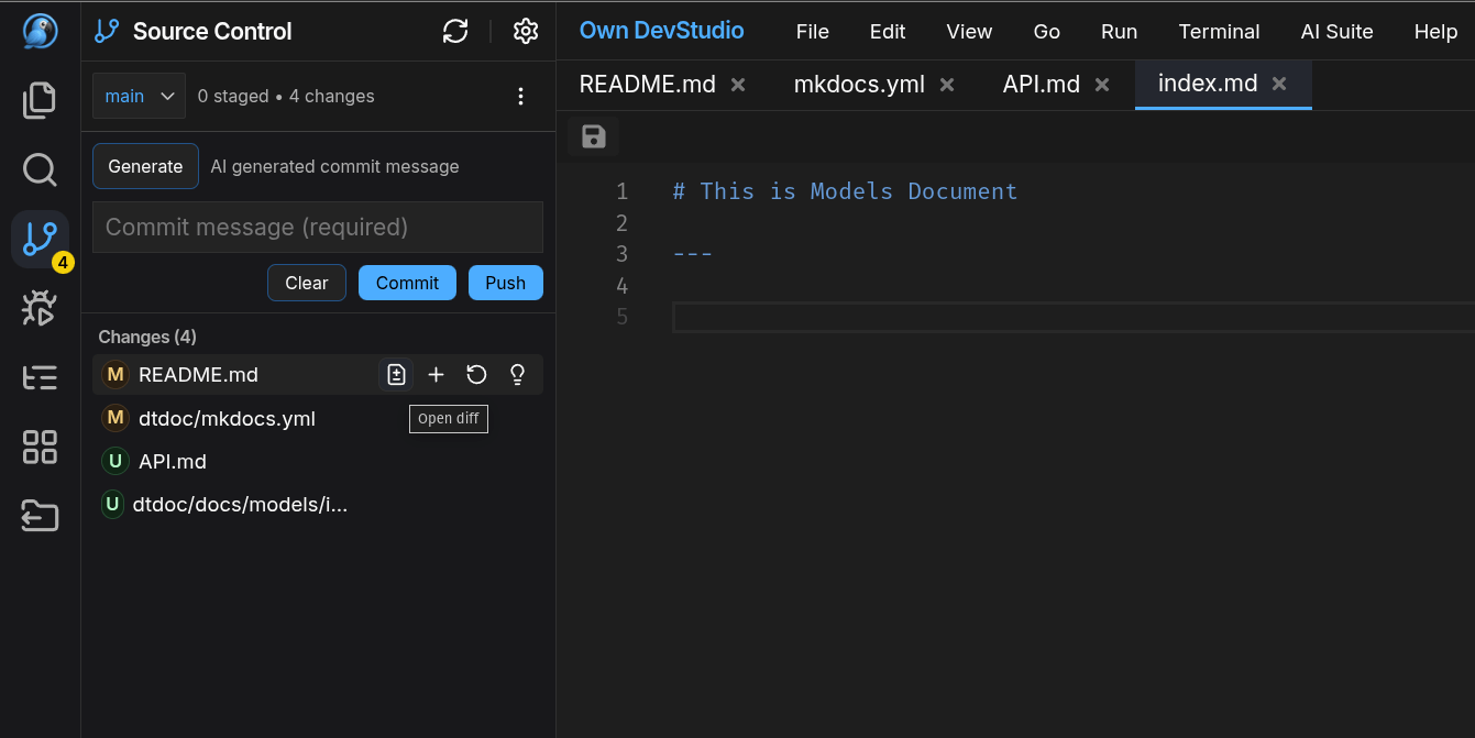 Changes list, commit box, and actions Source Control panel